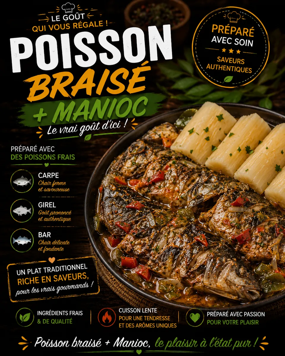 Poisson braisé + manioc 